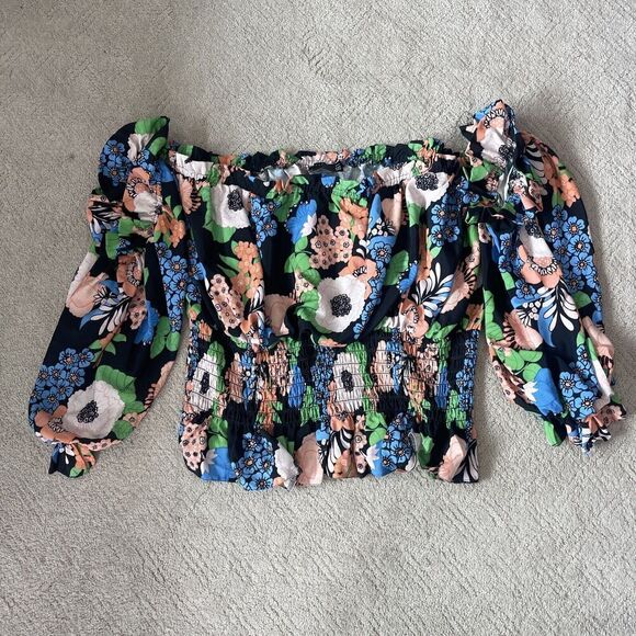 ASOS Curve Sz 24 Tropical Floral Off Shoulder Flowy Cropped Shirt Long Sleeve - Picture 1 of 10